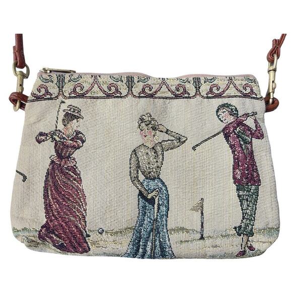 Vintage Tapestry Shoulder Bag with Victorian Golfers Scene & Brown Strap - Picture 4 of 11